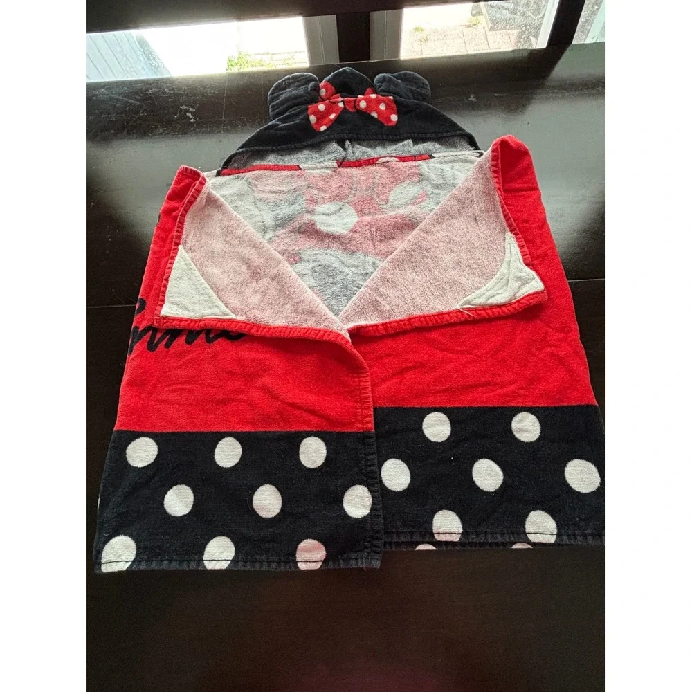 Disney Minnie Mouse Kids Hooded Towel Wrap Red Black Polka Dot 22 x 51 Cotton